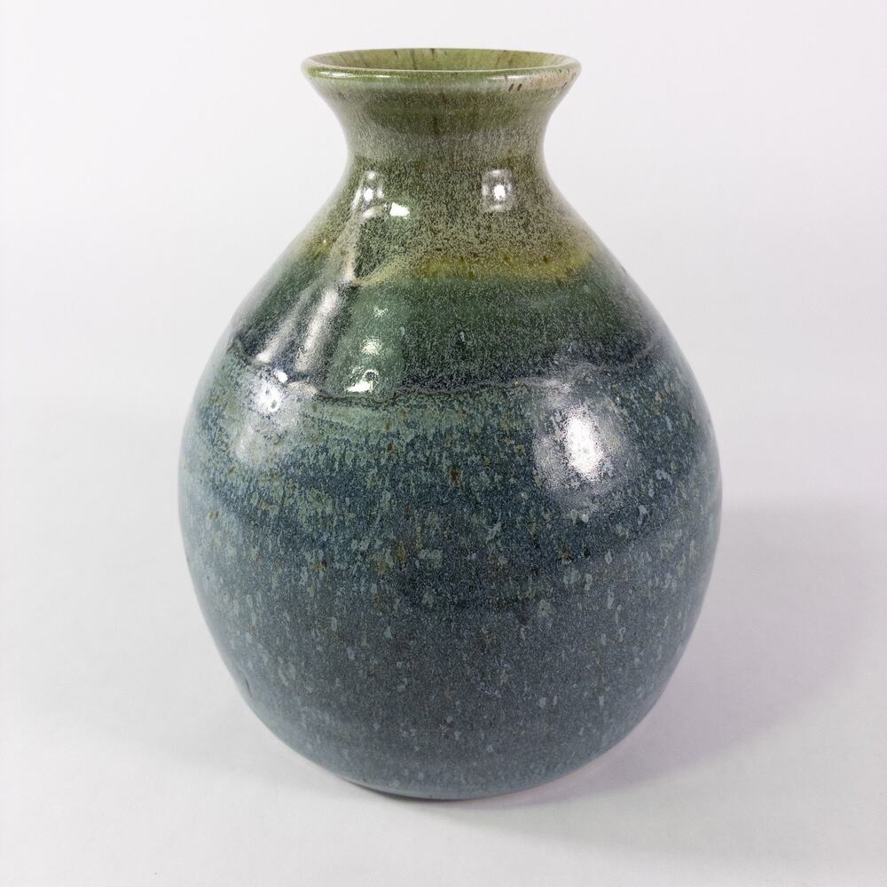 Vintage Wylde Wood Art Pottery Bulbous Vase Green / Blue Glazed Finish 6.5"